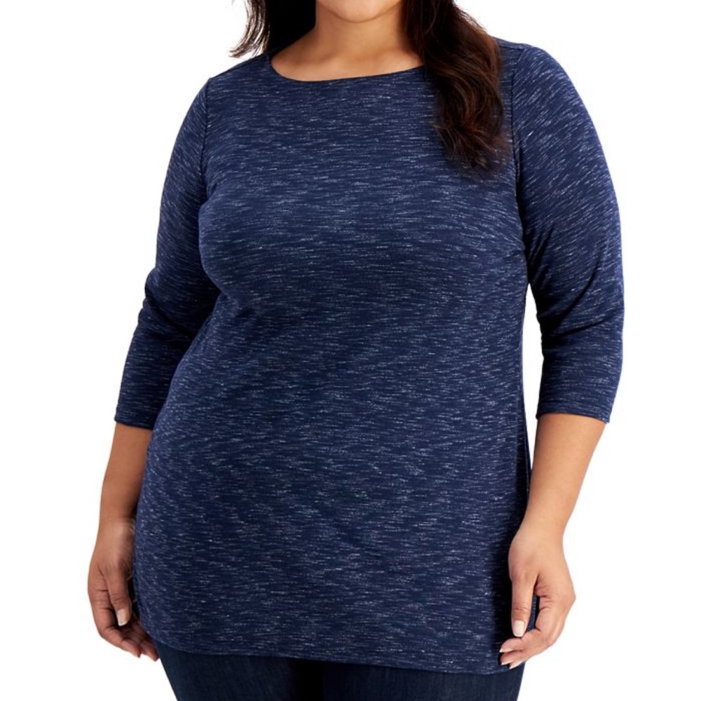 Karen Scott Boat Neck Blue Space Dye Tunic Top Size 0X
